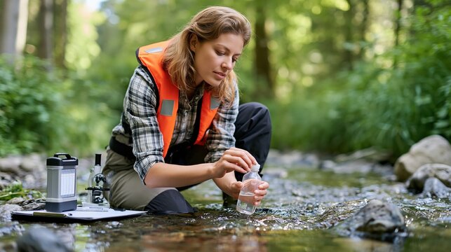 Female Scientist Collecting Water Samples for Environmental Analysis in a Natural Forest Stream