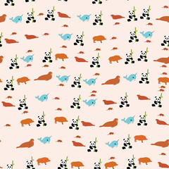 Cute cartoon animals seamless pattern with pandas, narwhals © athlenamaya
