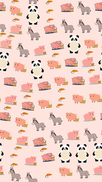 Cute cartoon animals pattern with pandas, pigs, and donkeys