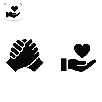 Heart and Handshake Icons Set, Minimalist Black Vector Symbols