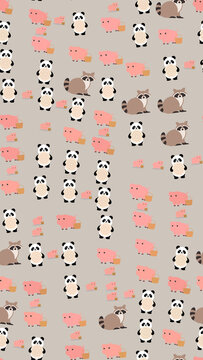 Cute cartoon pandas, pigs, and raccoons pattern
