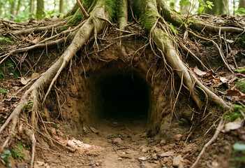Fototapeta premium Wildlife habitat and nature conservation, animal burrow entrance under tree roots in forest for environmental protection and biodiversity research