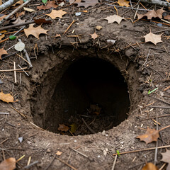 Fototapeta premium Wildlife habitat and animal burrow, deep hole in the forest ground with autumn leaves and soil for nature conservation and environmental biology research