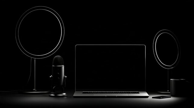 A dark studio setup featuring a laptop computer, a microphone, and two circular ring lights on a black surface in a dark room