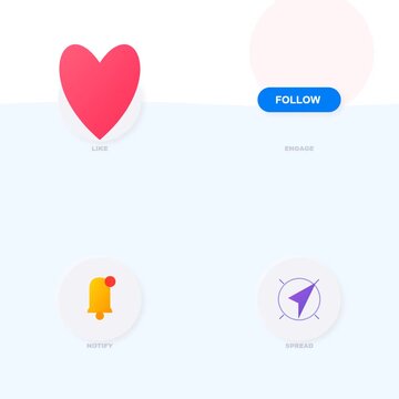 Neomorphic social media animation set with like follow subscribe and share icons for digital marketing