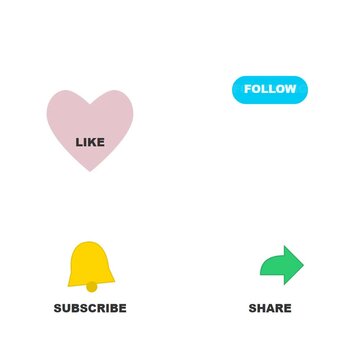 Retro vintage animated social media engagement icon set with follow subscribe like share buttons on