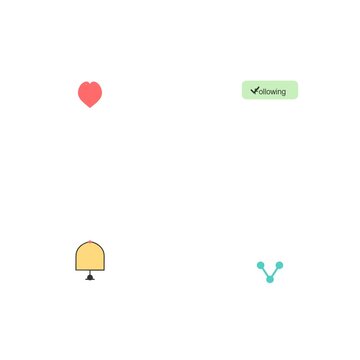 Vibrant animated social media engagement icons including like heart follow button subscribe bell and share