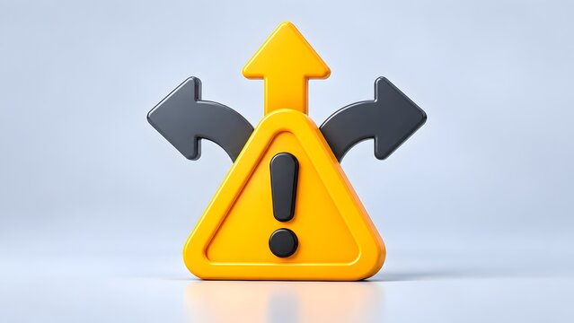 3D yellow warning triangle sign with three-way splitting arrows representing decision making under risk, alternative routes, and hazard avoidance concept.