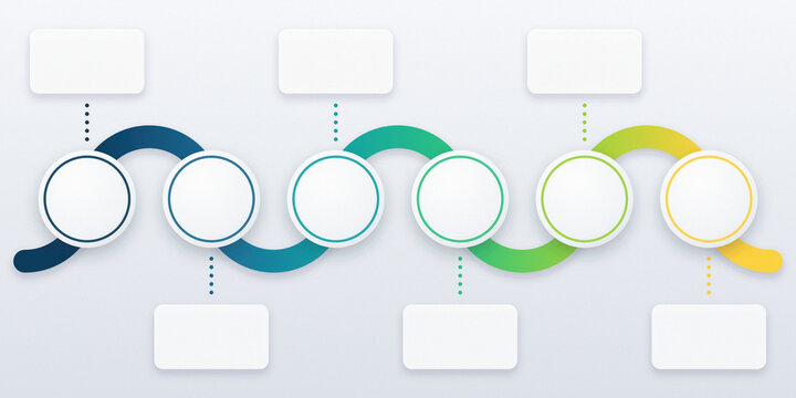 Business infographic timeline template with 6 circular steps on a curved wavy path for workflow process presentation and project planning.