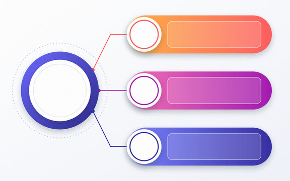 Modern 3 step infographic diagram template with central main node connected to colorful rounded banner options for business analysis.