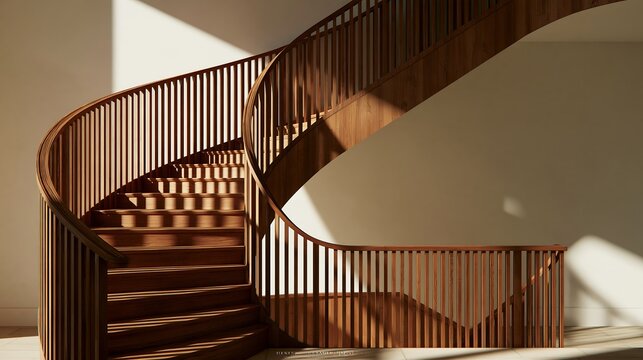 A curved wooden staircase with vertical railings in a bright room with soft sunlight creating shadows on the white walls and floor surfaces
