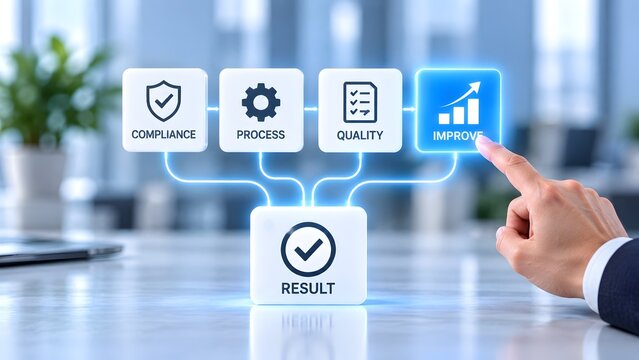 Businessman Pointing at Improve Block Connected to Compliance Process Quality and Result Flow Chart Diagram