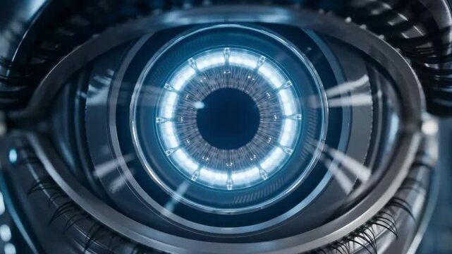 Futuristic robotic cyber eye with blue technology iris close up
