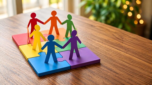 Colorful people figures standing in a circle on interlocking puzzle pieces on a wooden table for teamwork and unity concepts