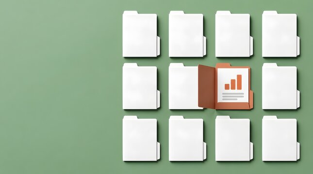 Open brown folder showing a document with an orange bar chart among white folders on a green background for data analysis and organization concepts