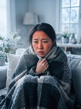Sick young woman wrapped in blanket holding thermometer experiencing fever and severe chills at home