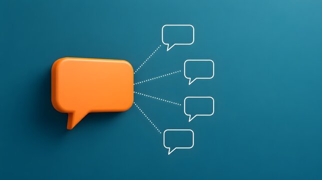 Large orange speech bubble broadcasting to smaller bubbles via dotted lines on a dark teal background for digital communication and network concepts