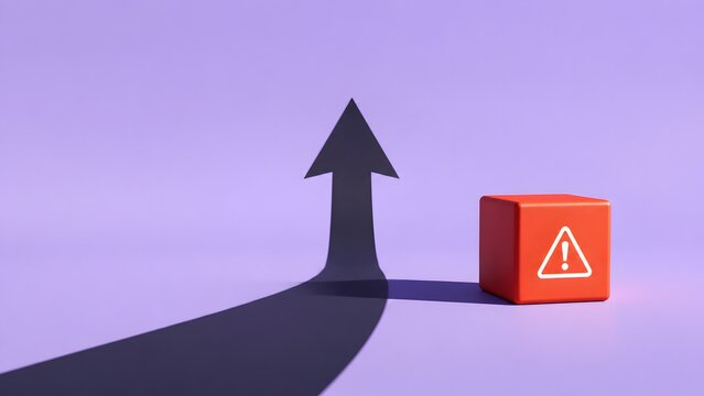 Red cube with a warning exclamation mark casting an upward arrow shadow on a purple background for risk management and problem solving concepts