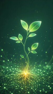Digital plant growth with luminous botanical leaves and glowing roots across connected green network, merging nature, technology, renewal, innovation, sustainable progress, and future connection