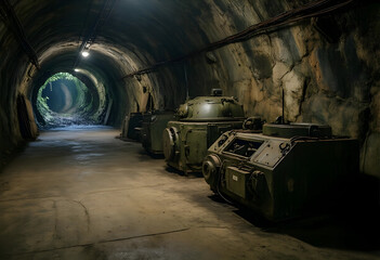 Fototapeta premium Military history and war legacy, abandoned underground bunker with old green tanks in a dark concrete tunnel leading to a light at the end of the path