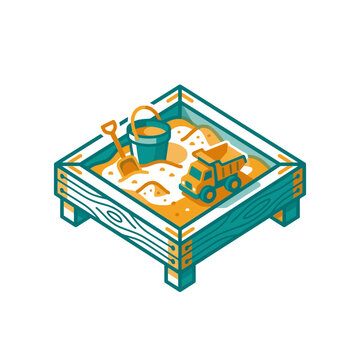 Isometric Sandbox with Toys for Kids Vector Illustration
