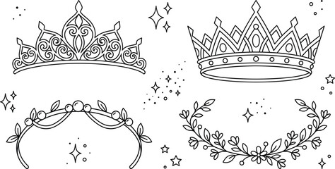 Set of line drawings representing royal crowns tiaras and laurel wreaths © Ponngu