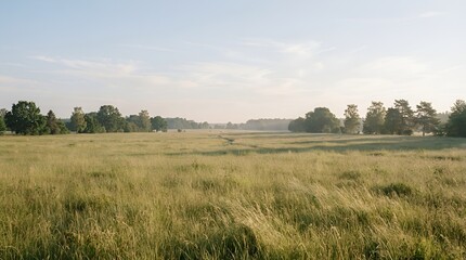 Fototapeta premium Wide angle view of a peaceful grassy meadow with trees under a soft