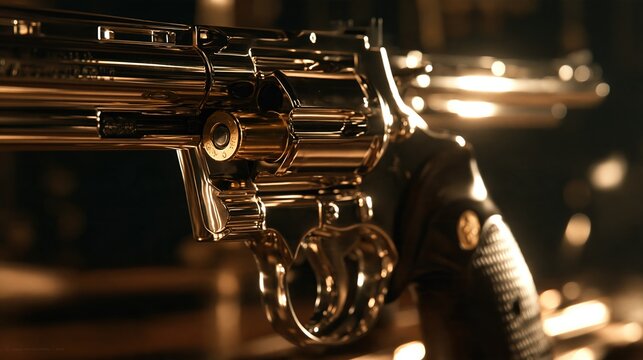 Luxury Golden Revolver Handgun with Detailed Grip and Polished Metal