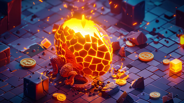 Fantasy baby dragon hatching from a glowing cracked egg on an isometric game floor with gold coins
