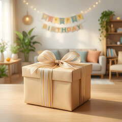 Fototapeta premium Birthday celebration and gift giving, wrapped present with ribbon on wooden table in cozy home interior with festive party decorations and soft lighting