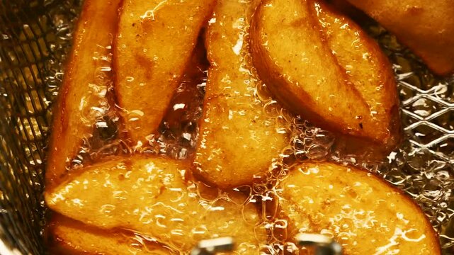 Close-up slow motion fried crispy potato wedges deep frying in oil. French fries