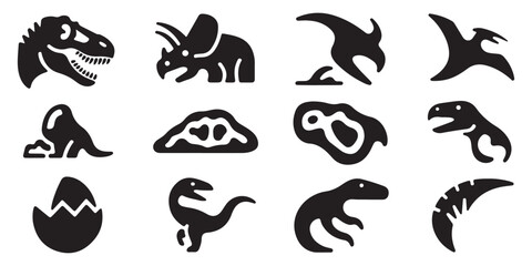 Black Dino Silhouette Set - T-Rex, Triceratops, Pterodactyl & Egg Hatching Elements © Alamin