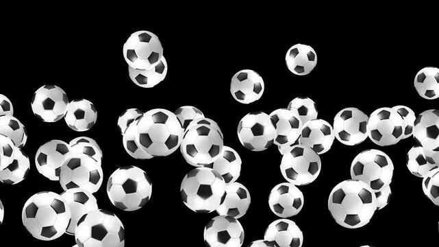 Falling Soccer Balls Falling on Floor Alpha Channel Animation, Football Sport Balls Game and Sports Videos isolated loopable motion design element