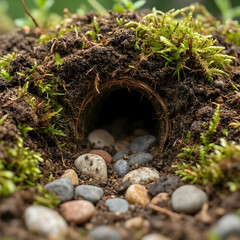 Fototapeta premium Wildlife habitat and nature conservation, animal burrow entrance in forest soil with moss and stones for biodiversity and ecosystem protection in nature