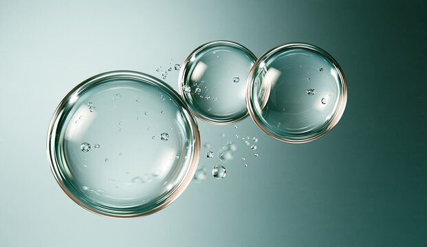 Close-up of translucent, spherical water bubbles with tiny air pockets, showcasing liquid surface tension and clean, refreshing purity