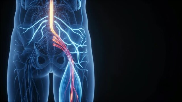 Human Sciatic Nerve Pain - Pelvis and Lower Leg Inflammation - 3D Medical Animation 4K Footage