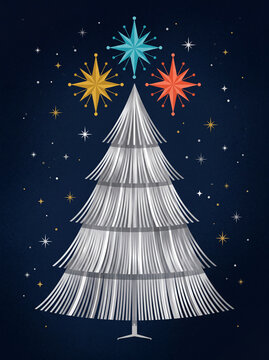 Silberner Retro-Weihnachtsbaum mit bunten Sternen