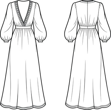 Long sleeve maxi dress with a deep v-neckline featuring intricate trim, cinched waist, and full length skirt, shown in front and back view flat