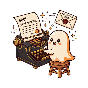 Cute ghost sitting on wooden stool typing halloween letter on vintage typewriter vector sticker isolated on transparent background