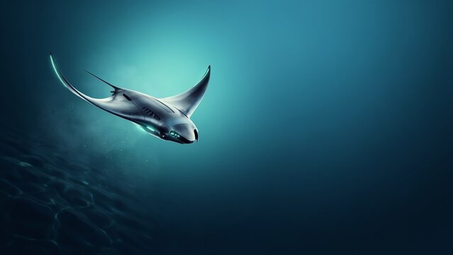 A futuristic mechanical manta ray swimming through deep dark blue ocean water