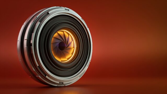 Closeup view of a metallic camera lens with glowing aperture blades on a dark red background