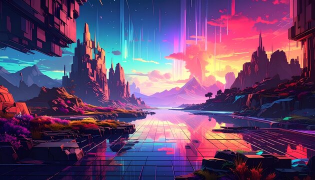 fantasy landscape with glowing river and vibrant neon mountain peaks at sunset illustration