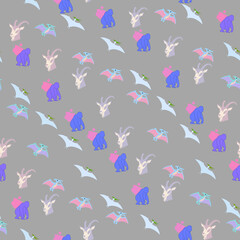 Seamless pattern of dinosaurs, goats, and ape-like figures © xie