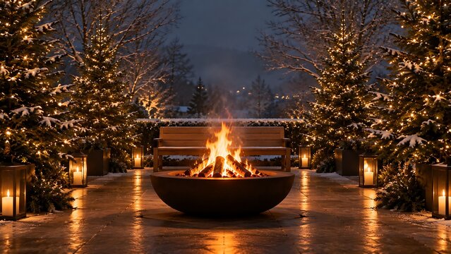 A cozy winter evening scene with a glowing fire pit surrounded by illuminated Christmas trees and lanterns on a frosty patio, creating a warm festive ambiance.