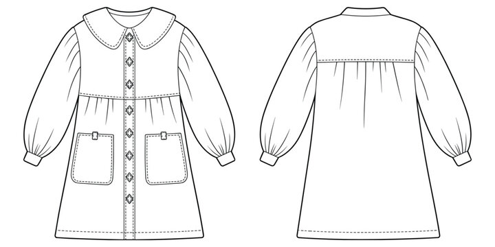 Technical fashion of a long sleeved dress with a round collar, front button placket, and two patch pockets, front and back view, line
