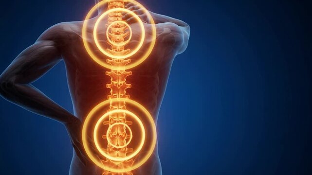 Human Spine Anatomy Pain Visualization - Glowing Vertebrae with Pulsating Circles in Neck and Lower Back - 3D Medical Animation 4K Footage