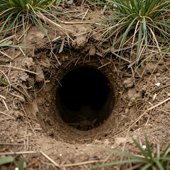 Fototapeta premium Wildlife habitat and animal burrow, deep dark hole in the ground with grass and soil for nature conservation and environmental biology research study