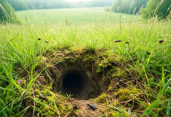 Fototapeta premium Biodiversity and ecosystem health, animal burrow entrance in a lush green meadow with insects and wild grass in a natural spring landscape environment