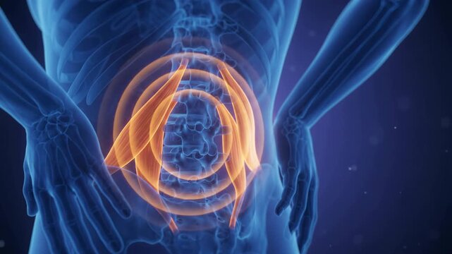 Human Spine and Psoas Muscle Anatomy - Radiating Pain Effect on Lower Back - Medical 3D Animation Blue Cinematic Footage