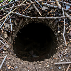 Fototapeta premium Wildlife habitat and animal burrow, dark underground tunnel entrance in forest soil with twigs and debris for nature conservation and biology research
